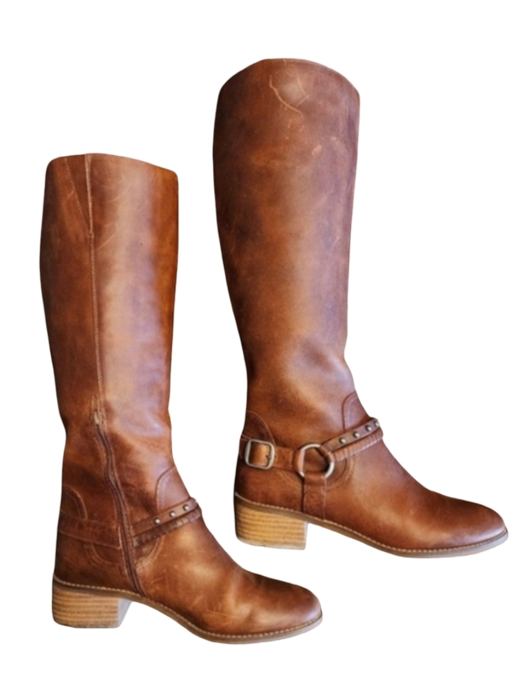 LUCKY BRAND Karesi Whiskey Arena Leather Riding Boots Harness Detail Heel Sz 10M